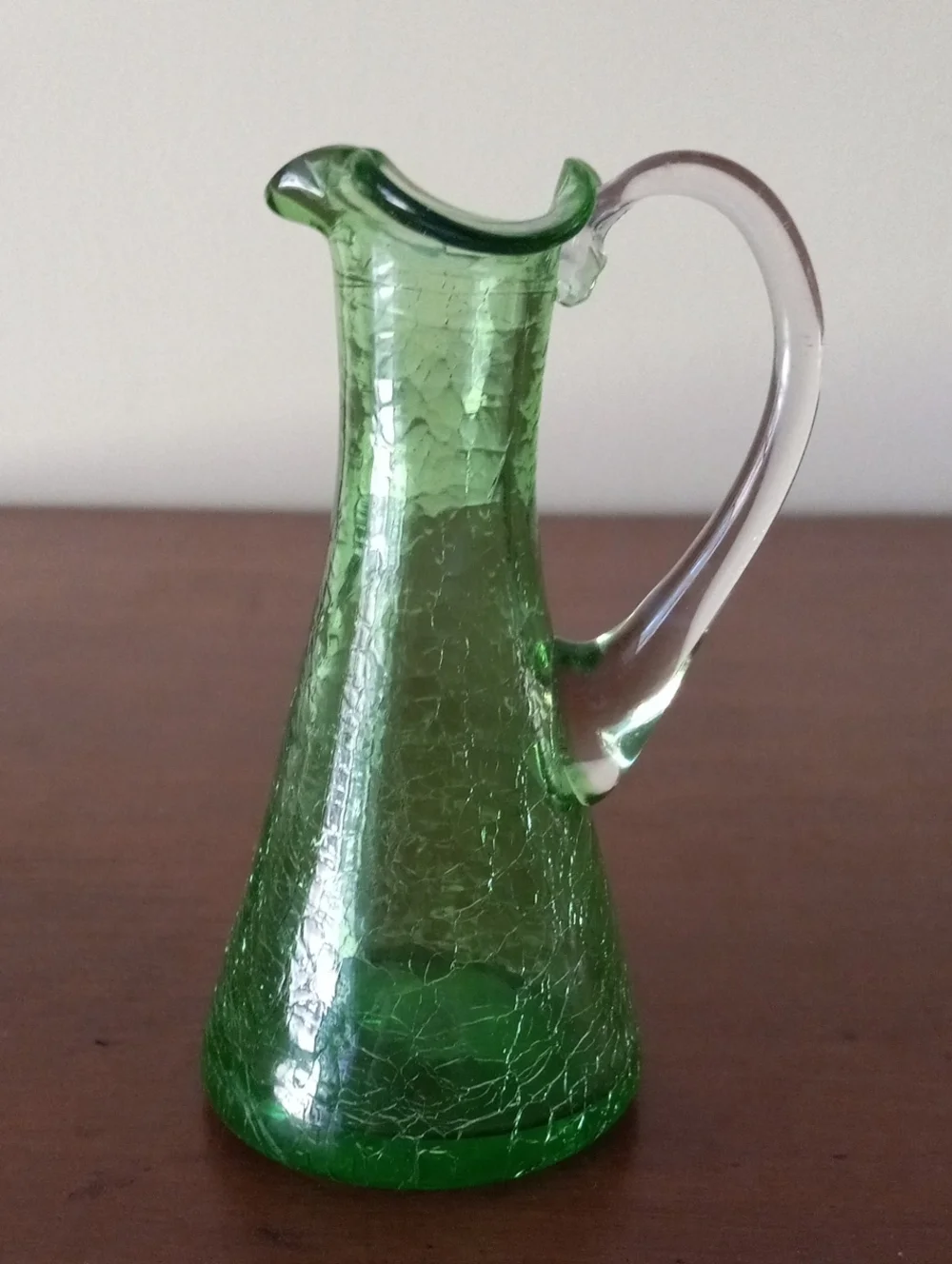 Green Crackle Art Glass Pitcher Vase with Clear Handle